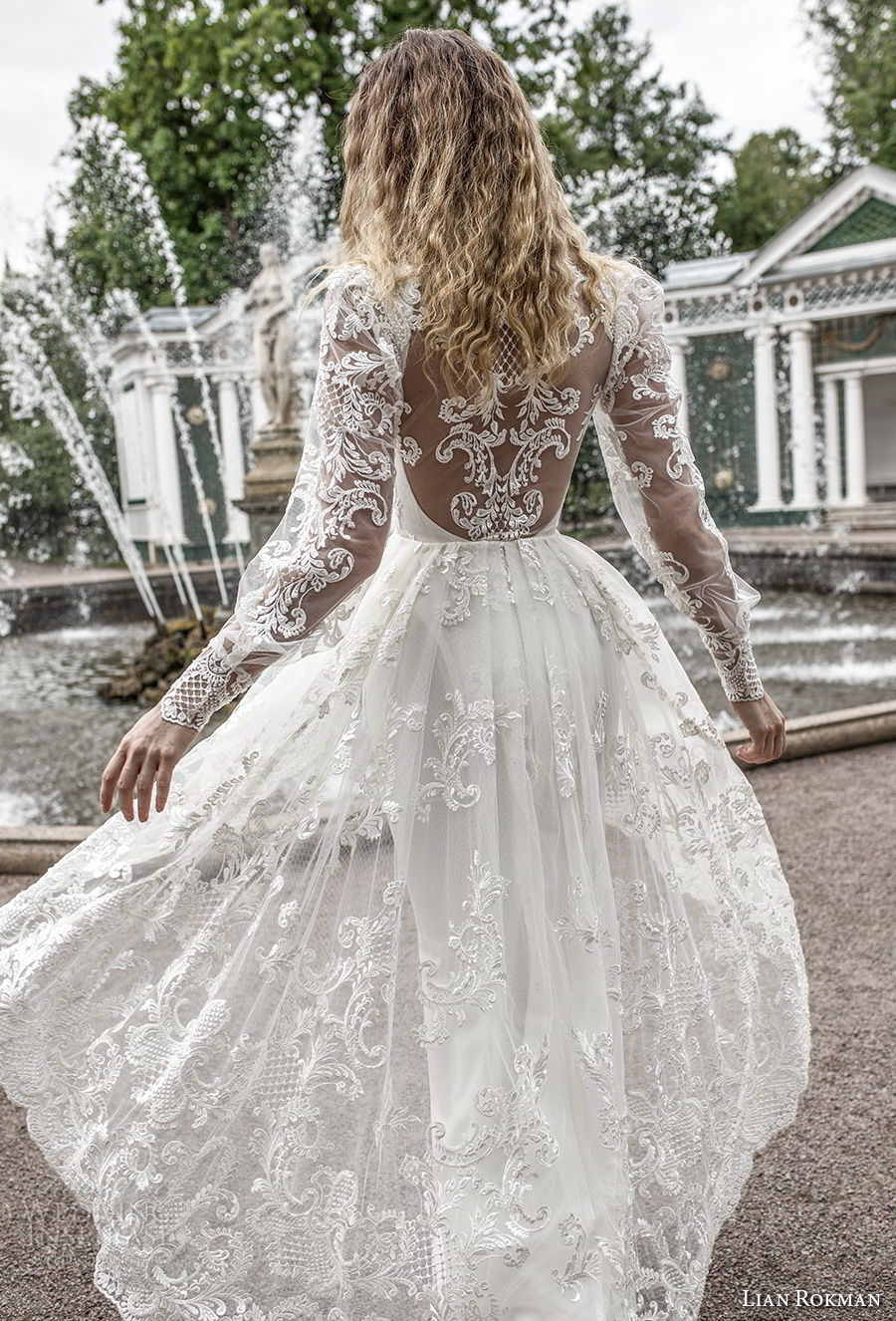 lian rokman 2018 bridal long sleeves ballerina neckline simple full embellishment elegant sheath wedding dress a  line overskirt lace back sweep train (12) zbv 