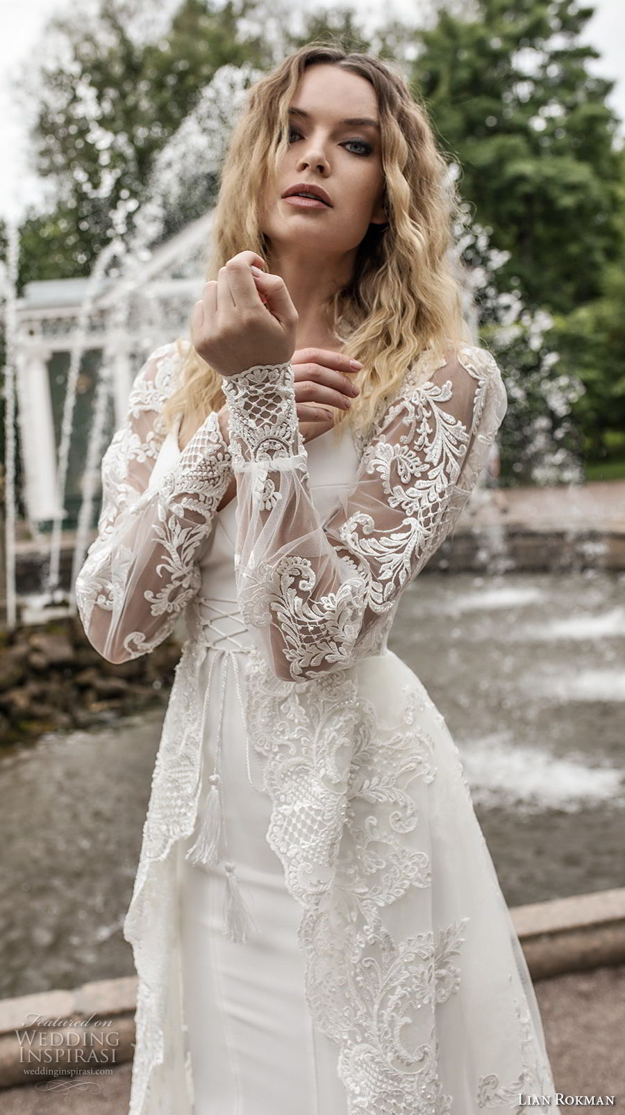 lian rokman 2018 bridal long sleeves ballerina neckline simple full embellishment elegant sheath wedding dress a  line overskirt lace back sweep train (12) zv 