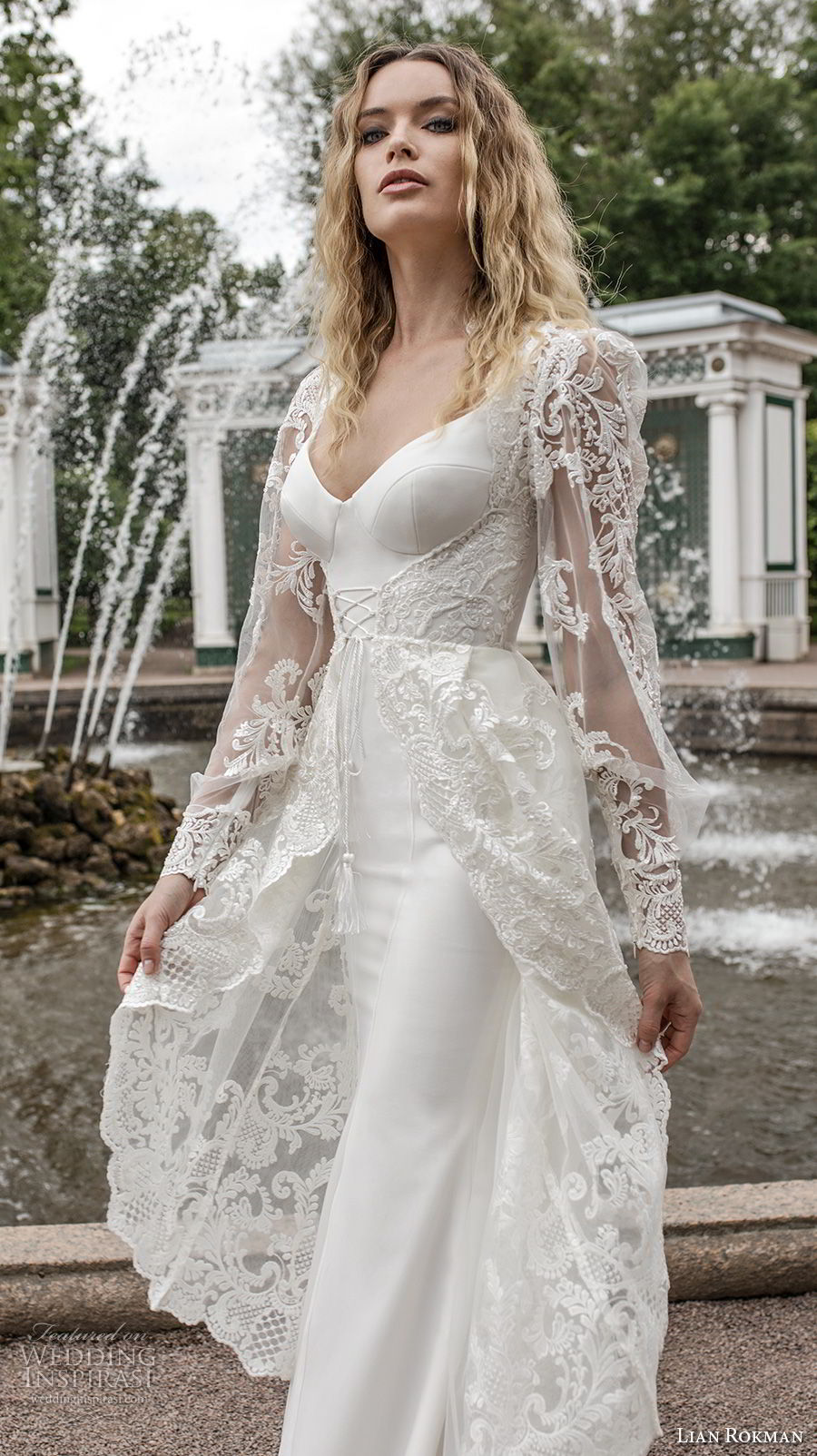 lian rokman 2018 bridal long sleeves ballerina neckline simple full embellishment elegant sheath wedding dress a  line overskirt lace back sweep train (12) zv