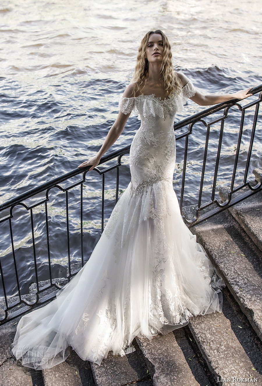 lian rokman 2018 bridal short sleeves off the shoulder sweetheart neckline full embellishment romantic mermaid wedding dress chapel train (5) mv