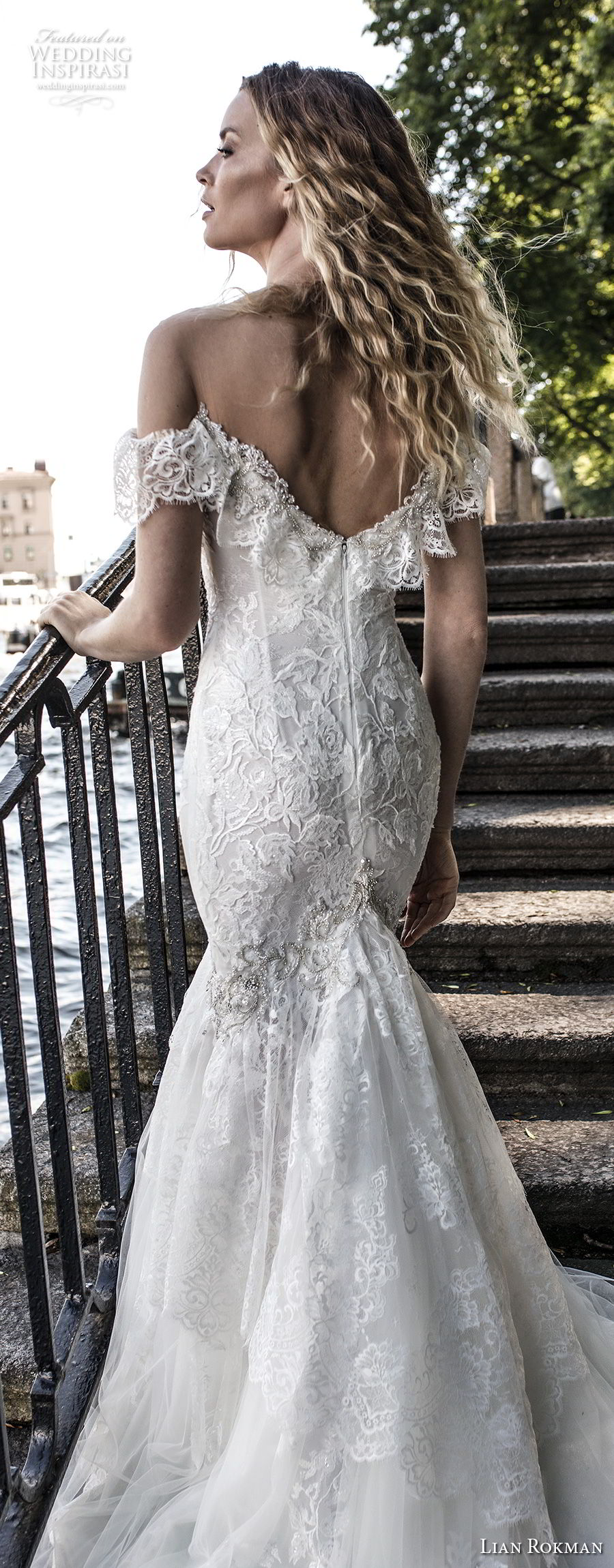 lian rokman 2018 bridal short sleeves off the shoulder sweetheart neckline full embellishment romantic mermaid wedding dress chapel train (5) zbv