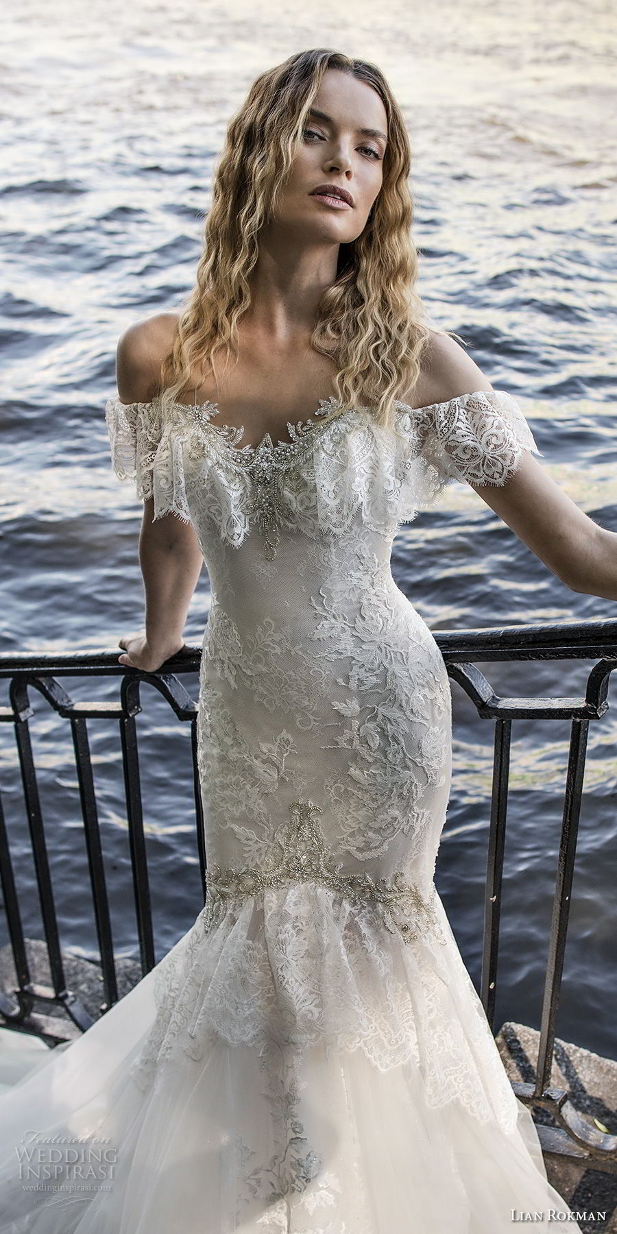 lian rokman 2018 bridal short sleeves off the shoulder sweetheart neckline full embellishment romantic mermaid wedding dress chapel train (5) zv