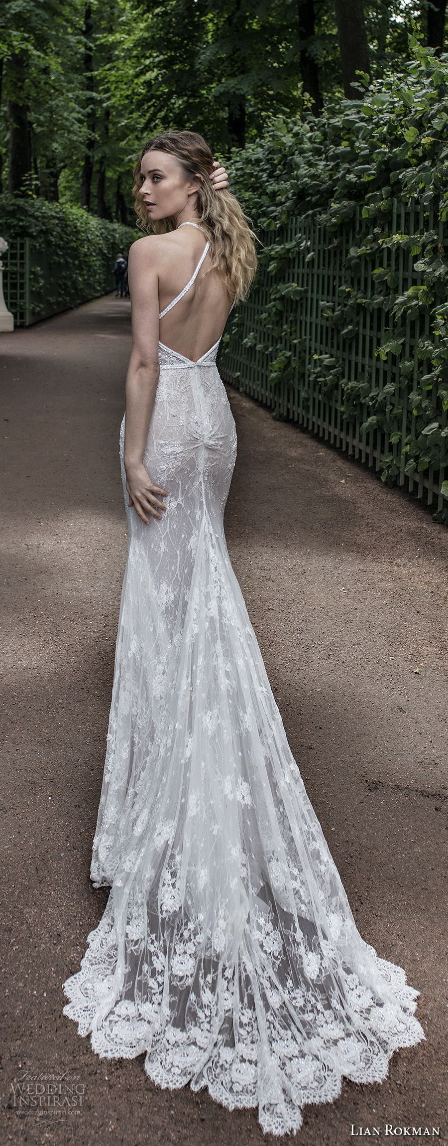 lian rokman 2018 bridal sleeveless halter neck keyhold bodice full embellishment elegant sexy sheath fit and flare wedding dress open back medium train (3) bv