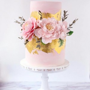 pink 2 tier pink floral gold accent wedding cake (6) mv