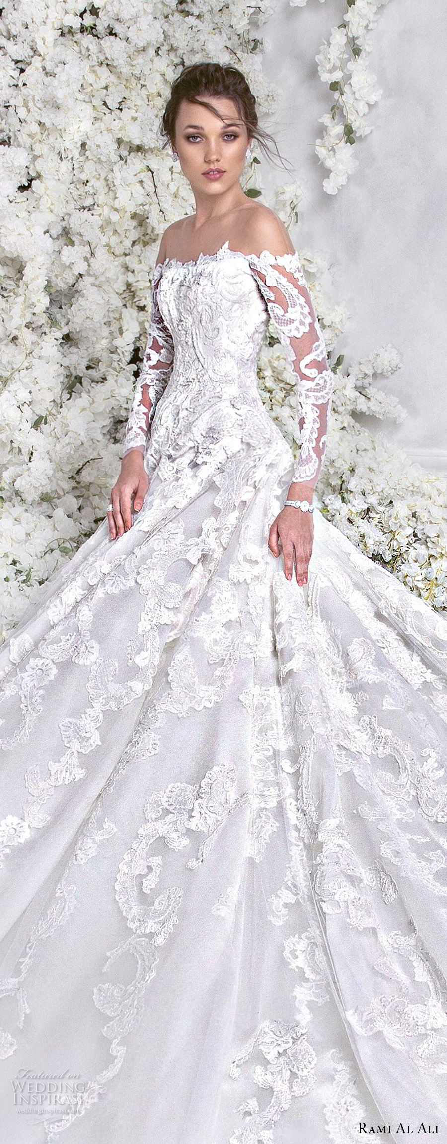 rami al ali 2018 bridal long sleeves off the shoulder straight across neckline full embellishment elegant princess a  line wedding dress royal train (7) lv