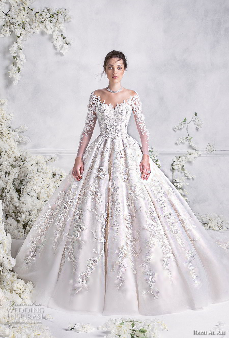 rami al ali 2018 bridal long sleeves off the shoulder sweetheart neckline full embellishment princess ball gown a  line wedding dress royal train (1) mv