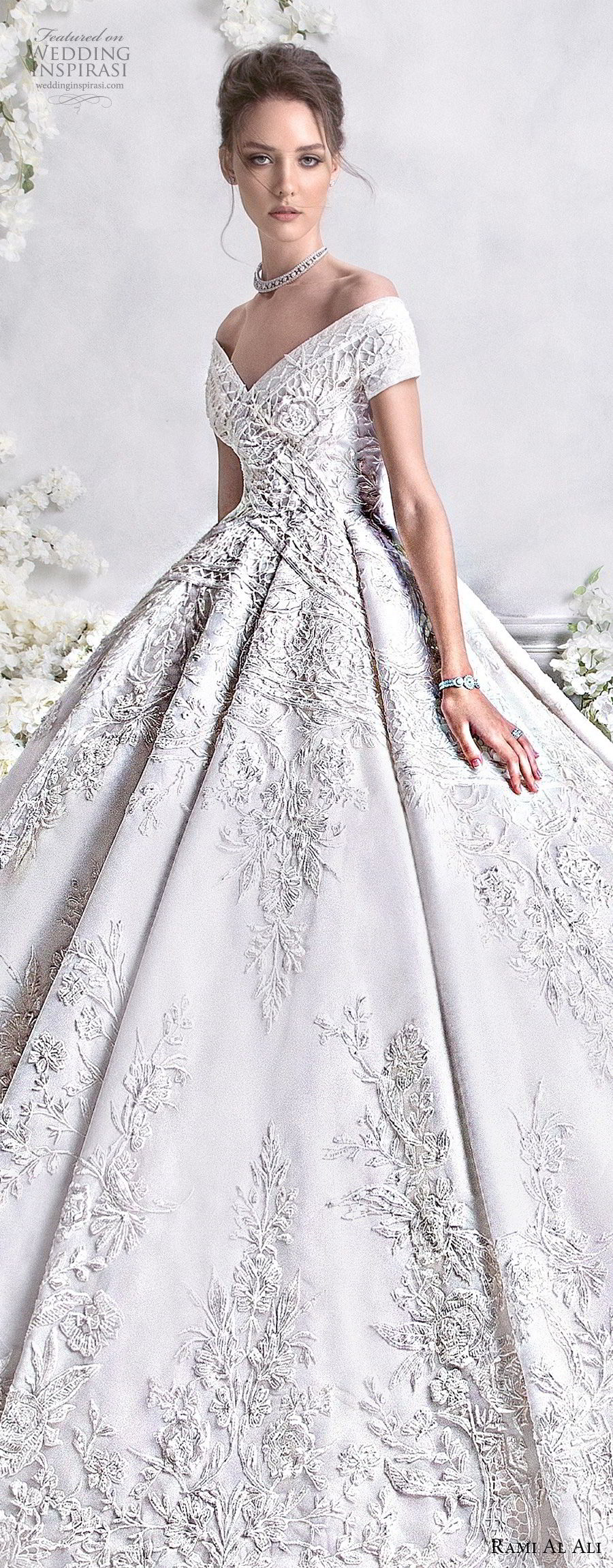 rami al ali 2018 bridal short sleeves off the shoulder v neck full embellishment princess ball gown a  line wedding dress royal train (3) lv