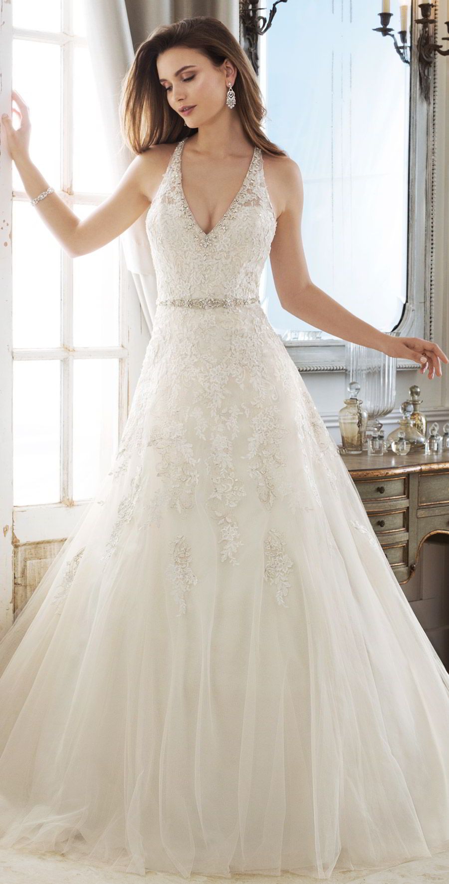 sophia tolli spring 2018 mon cheri bridals sleeveless illusion straps deep v neck beaded waist metallic lace bodice a line wedding dress ( y11878 kali) mv chapel train elegant