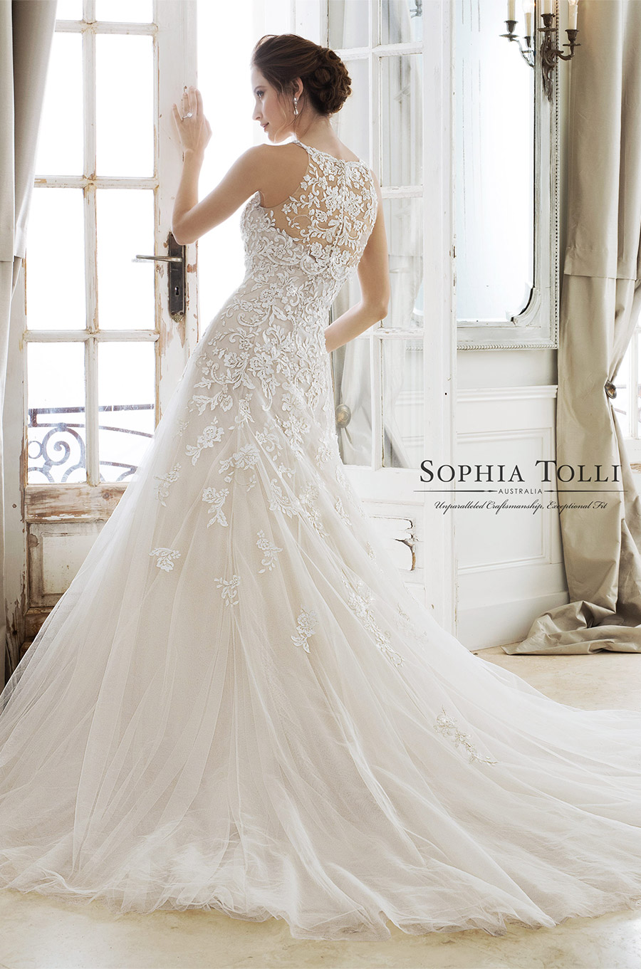 sophia tolli spring 2018 mon cheri bridals strapless sweetheart beaded lace a line wedding dress (y11866 adonia) bv illusion halter neck top chapel train elegant romantic