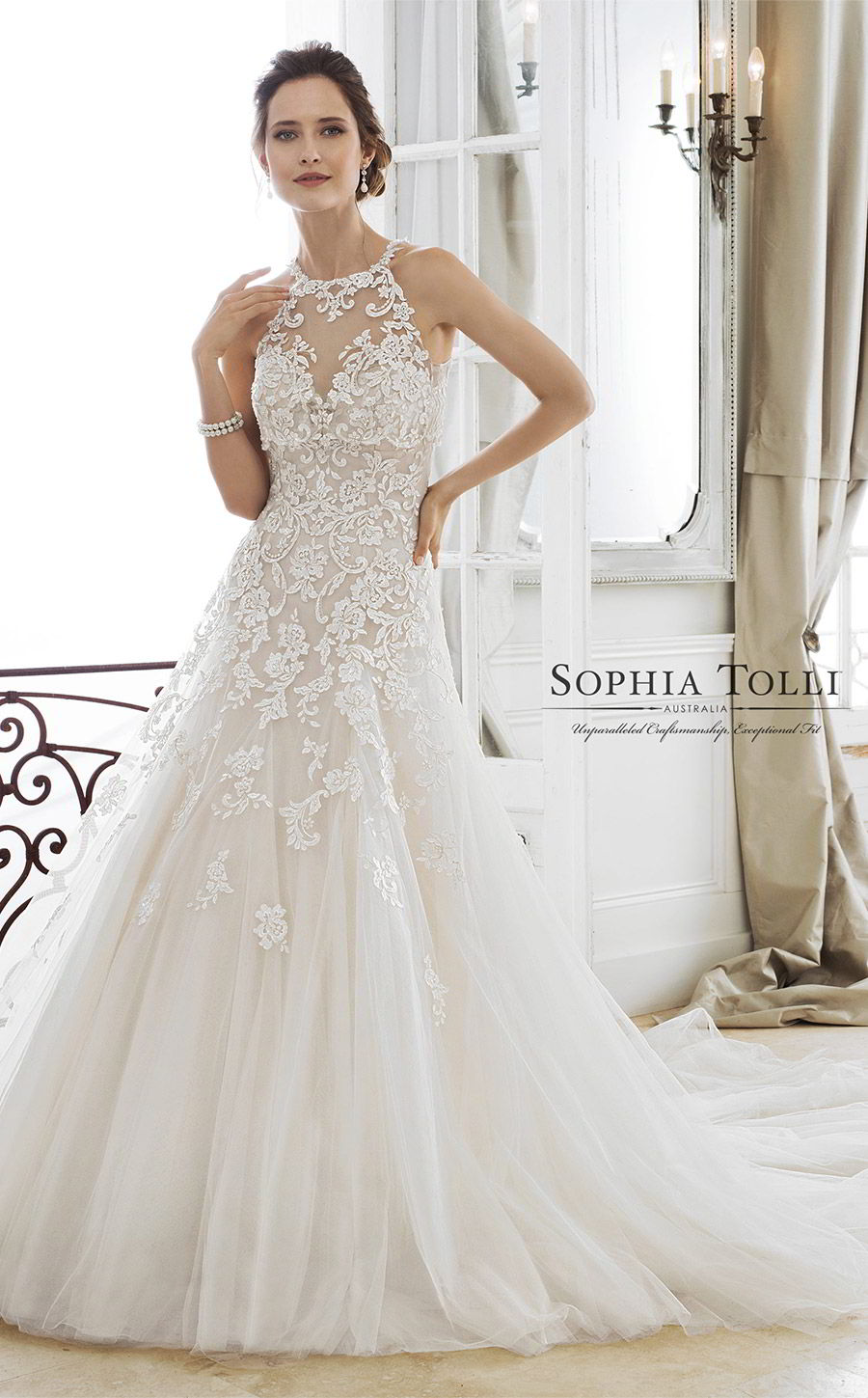 sophia tolli spring 2018 mon cheri bridals strapless sweetheart beaded lace a line wedding dress (y11866 adonia) mv illusion halter neck top chapel train elegant romantic