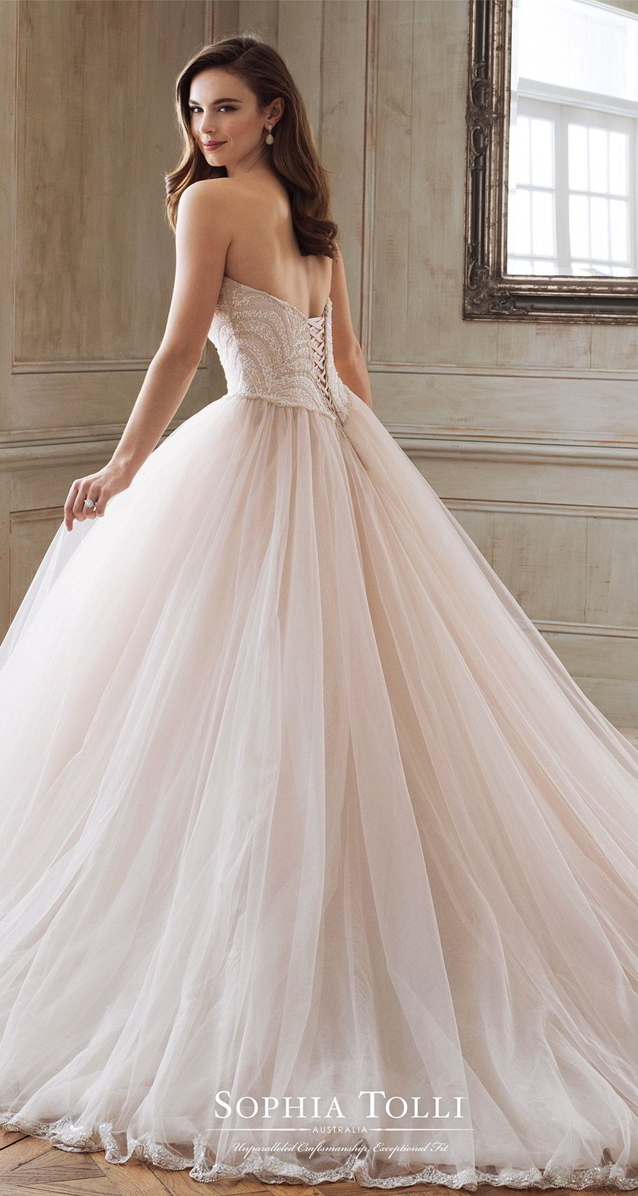 sophia tolli spring 2018 mon cheri bridals strapless sweetheart beaded lace bodice ball gown wedding dress (y11891 aella) bv chapel train corset back blush princess romantic