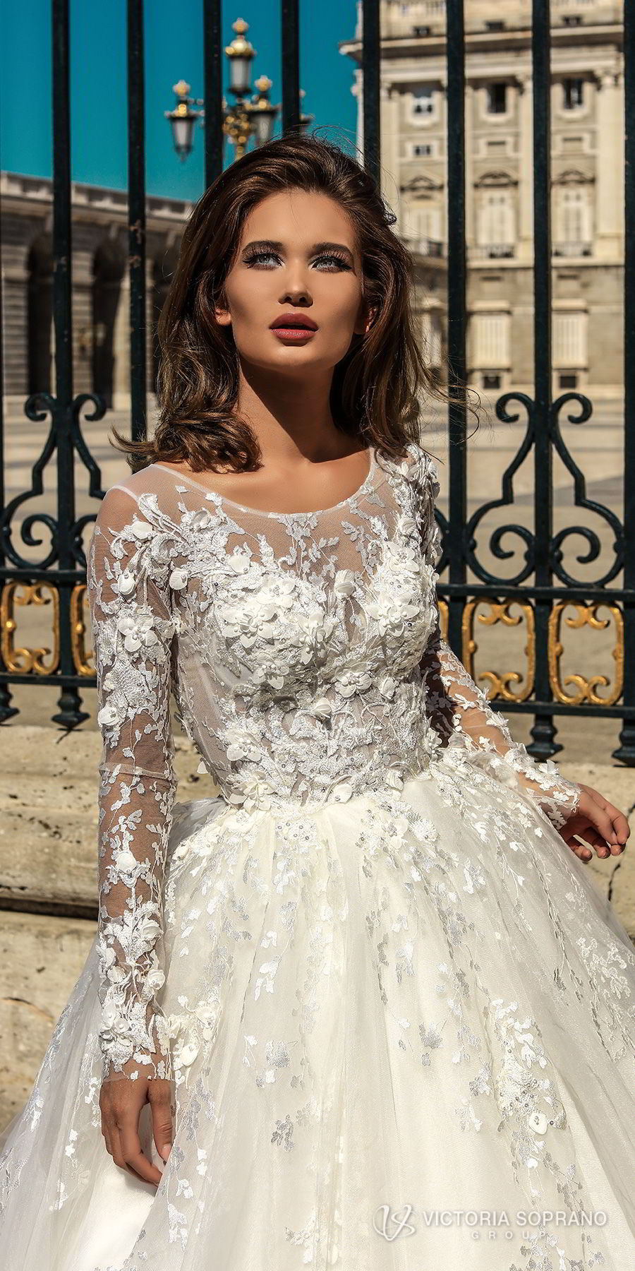 victoria soprano 2018 bridal long sleeves illusion jewel sweetheart neckline heavily embellished bodice princess ball gown a  line wedding dress sheer lace back chapel train (felicity) zv 