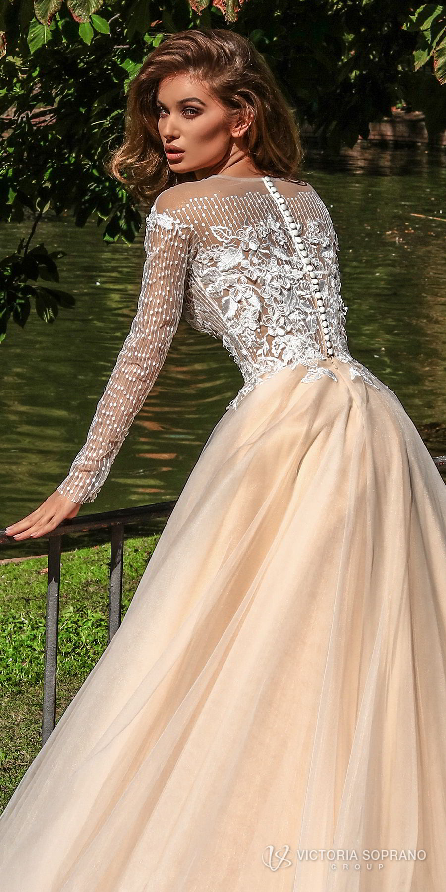 victoria soprano 2018 bridal long sleeves jewel neckline heavily embellished bodice romantic elegant blush color a  line wedding dress sheer lace back chapel train (mia) zbv