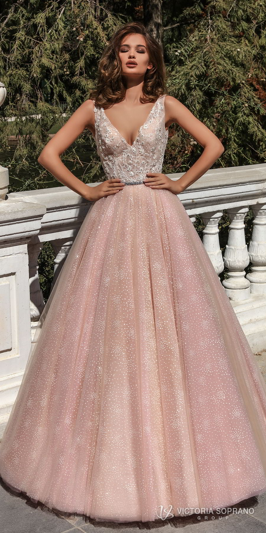 victoria soprano 2018 bridal sleeveless deep v neck heavily embellished bodice romantic pink a  line wedding dress open v back chapel train (selesta) mv