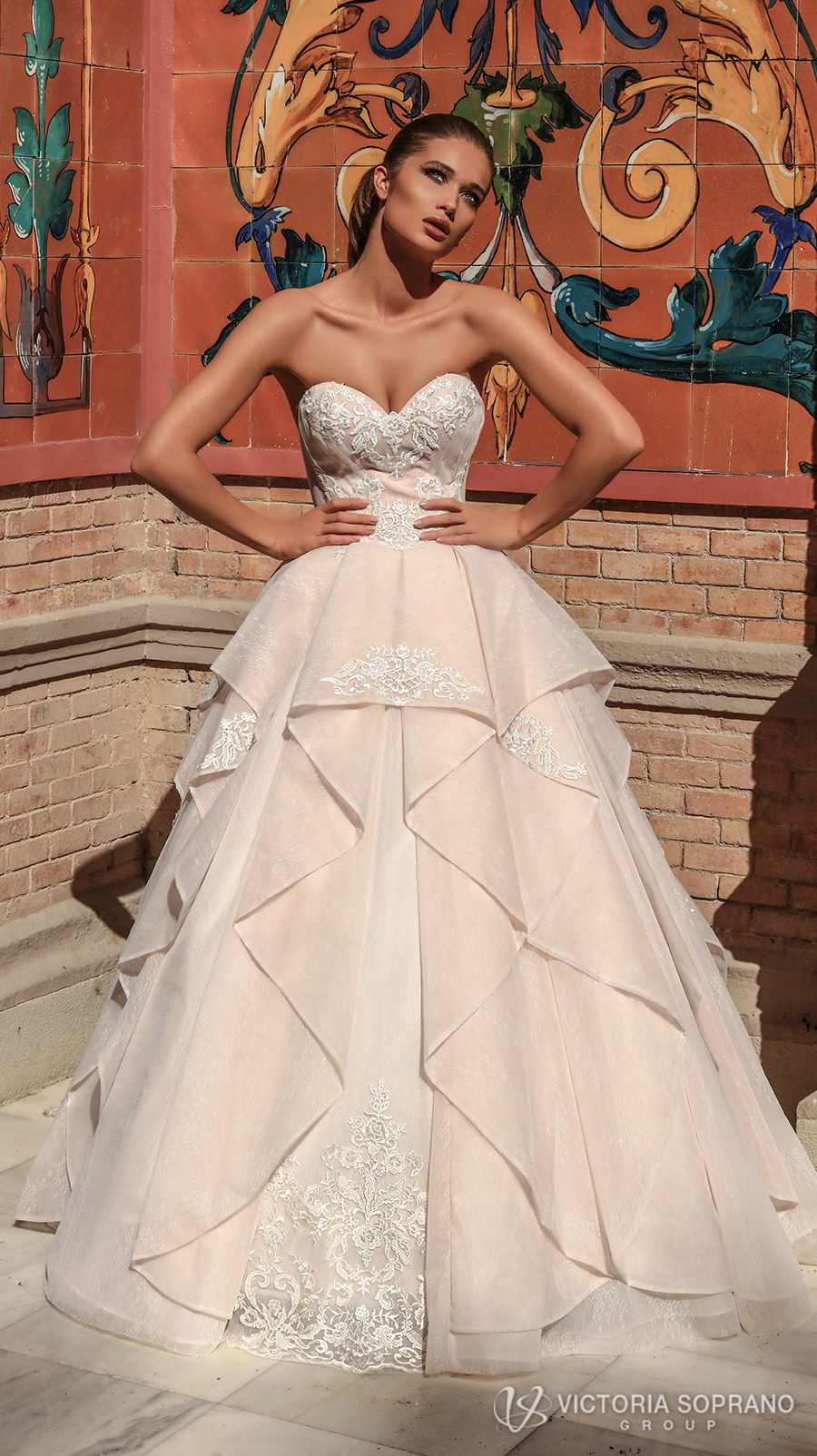 victoria soprano 2018 bridal strapless sweetheart neckline heavily embellished bodice romantic princess blush ball gown a  line wedding dress chapel train (chantal) mv