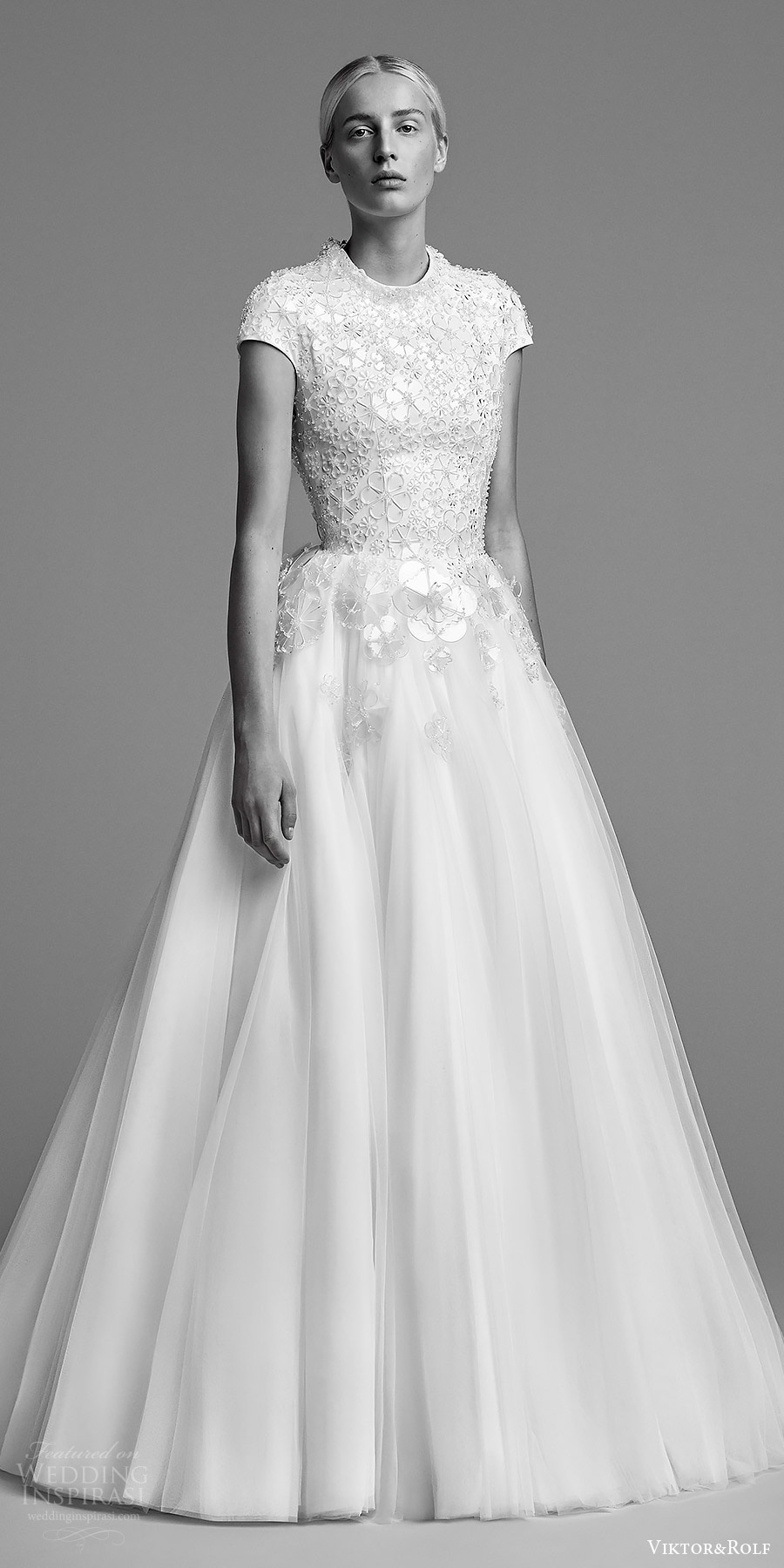 viktor and rolf fall 2018 bridal cap sleeves jewel neck embellished bodice a line wedding dress (19) mv romantic modern