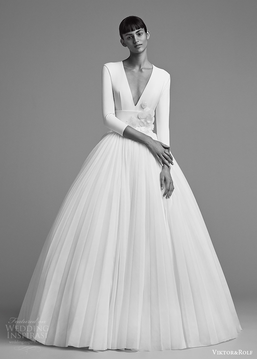 viktor and rolf fall 2018 bridal long sleeves deep v neck embellished waist ball gown wedding dress (22) mv elegant romantic modern minimal