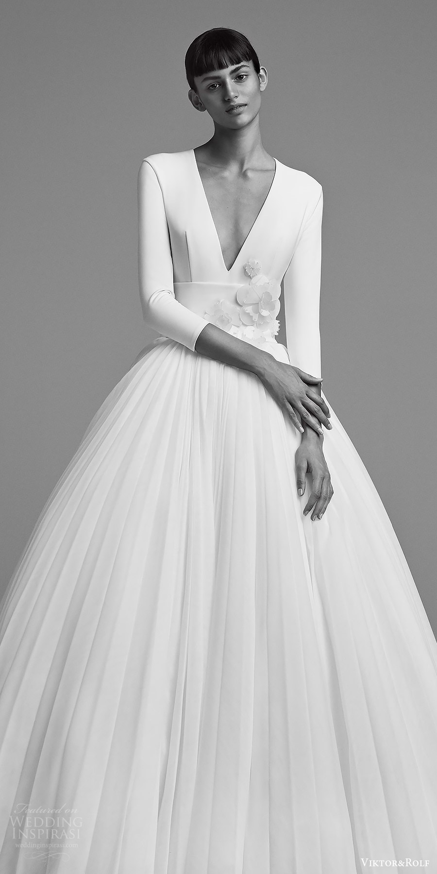 viktor and rolf fall 2018 bridal long sleeves deep v neck embellished waist ball gown wedding dress (22) zv elegant romantic modern minimal