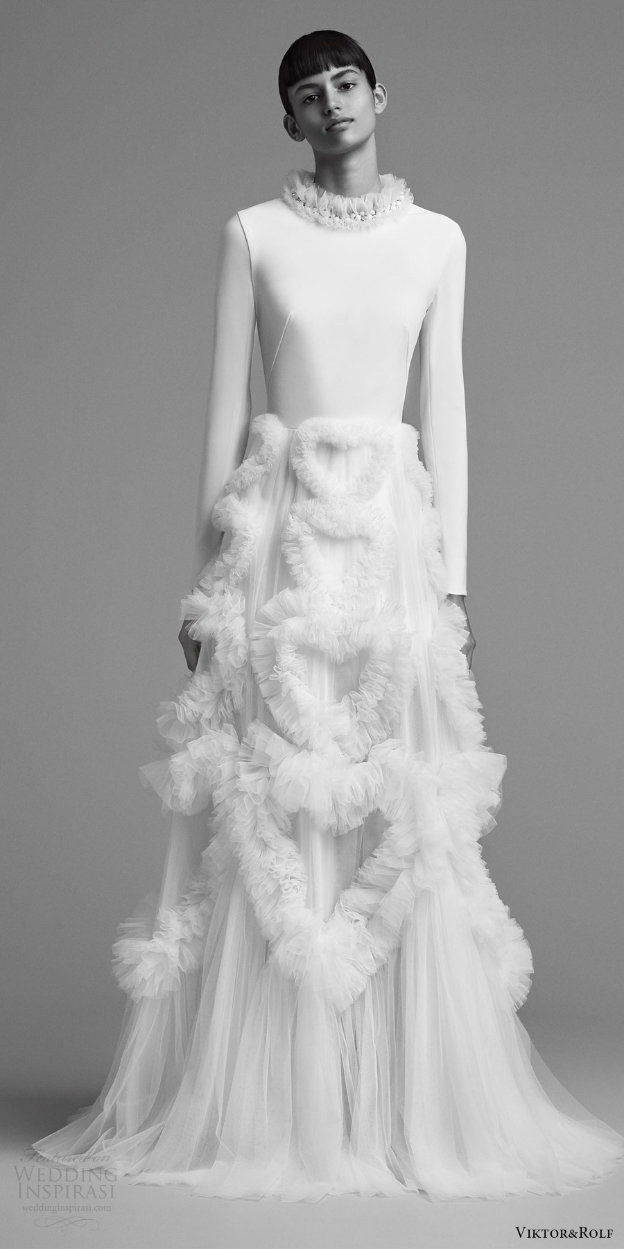 viktor and rolf fall 2018 bridal long sleeves high neck clean bodice a line wedding dress (5) mv embellished skirt modern