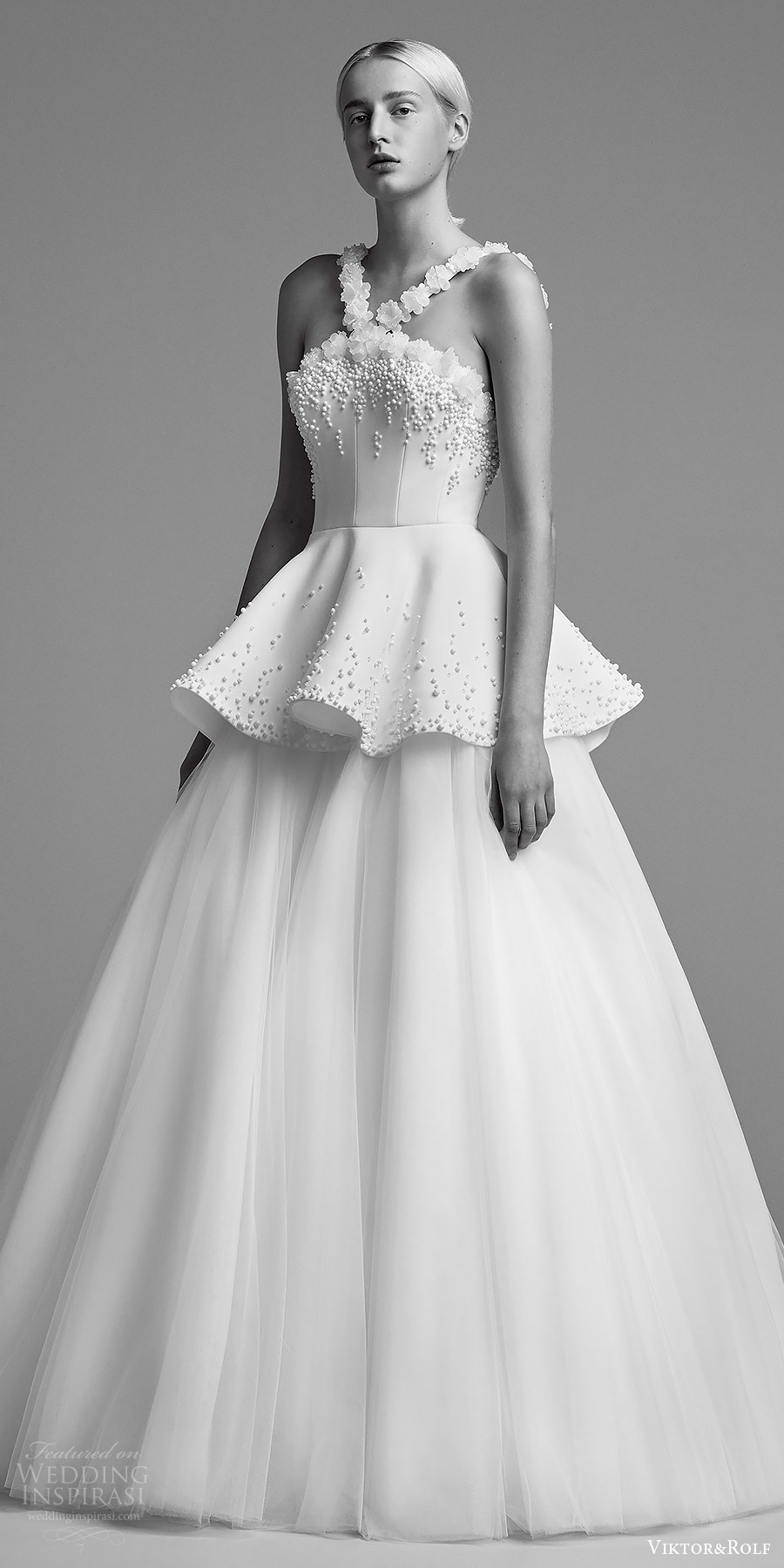 viktor and rolf fall 2018 bridal sleeveless halter straps embellished bodice tiered skirt aball gown wedding dress (23) mv romantic modern