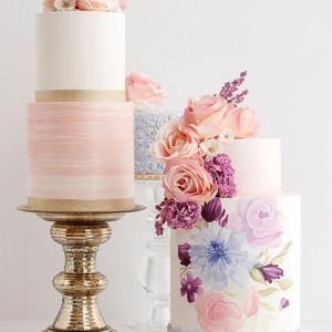white 2 tier pink purple floral wedding cake (16) mv