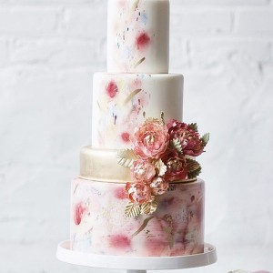 white 3 4 tier pink floral print gold accent wedding cake (14) mv