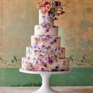 white 5 tier purple blue floral print wedding cake (18) mv