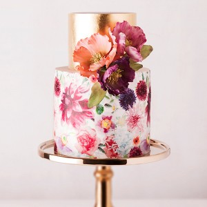 white gold 2 tier multi color floral print wedding cake (17) mv