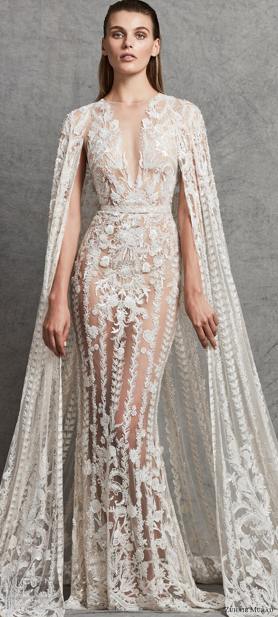 zuhair murad 2018 bridal trends sleeveless deep v neck lace wedding dress (1) mv cape dramatic elegant