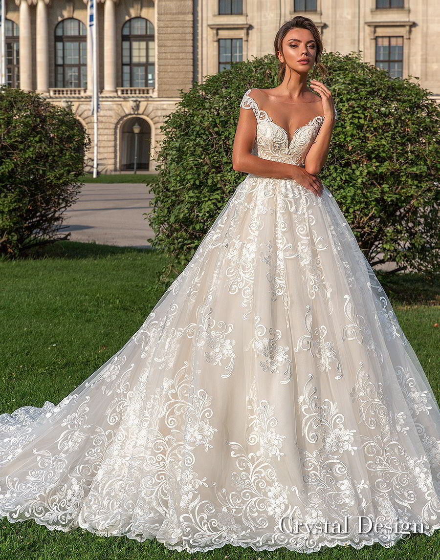 crystal design 2018 cap sleeves sweetheart neckline full embellishment romantic princess ball gown wedding dress sheer button back chapel train (steffani) mv