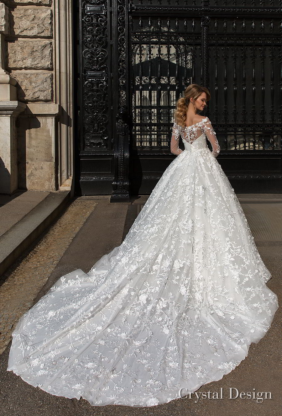 crystal design 2018 long sleeves illusion off the shoulder full embellishment romantic a  line wedding dress lace back royal train (kayla) bv