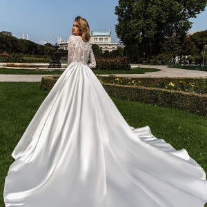 crystal design 2018 long sleeves jewel neck heavily embellished bodice satin modest a  line wedding dress covered lace back royal train (dilma) bv