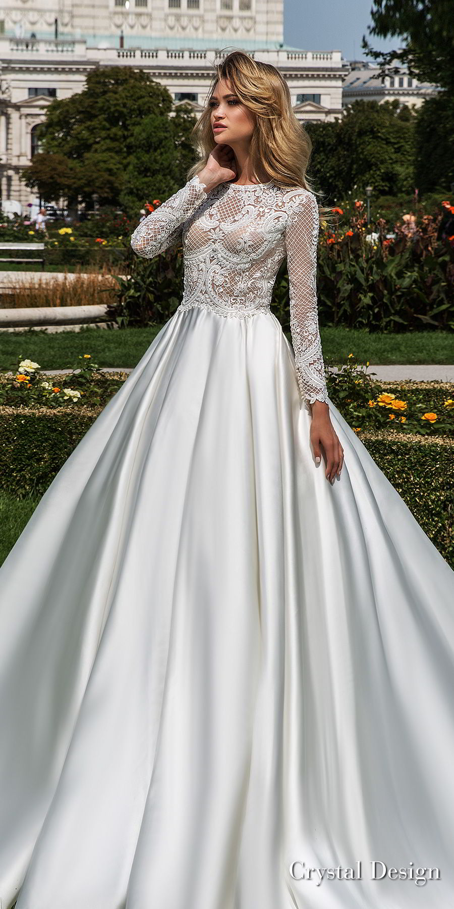 crystal design 2018 long sleeves jewel neck heavily embellished bodice satin modest a  line wedding dress covered lace back royal train (dilma) mv