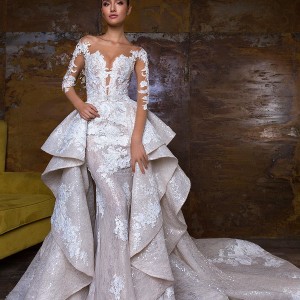crystal design 2018 long sleeves sheer bateau sweetheart neckline full embellishment peplum princess sheath wedding dress a  line overskirt sheer button royal train (nika) mv
