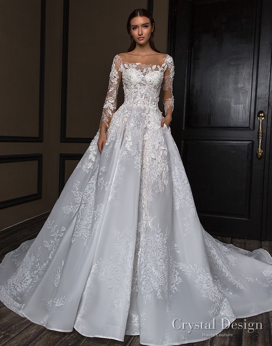 crystal design 2018 long sleeves square neck heavily embellished bodice princess a  line wedding dress royal train (asha) mv