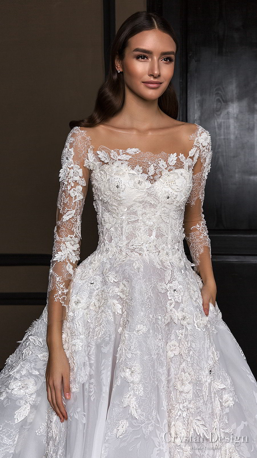 crystal design 2018 long sleeves square neck heavily embellished bodice princess a  line wedding dress royal train (asha) zv