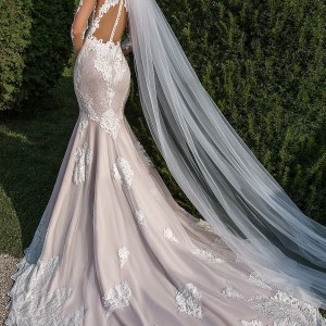 crystal design 2018 long sleeves sweetheart neckline full embellishment elegant fit and flare wedding dress sheer button back chapel train (passion) bv