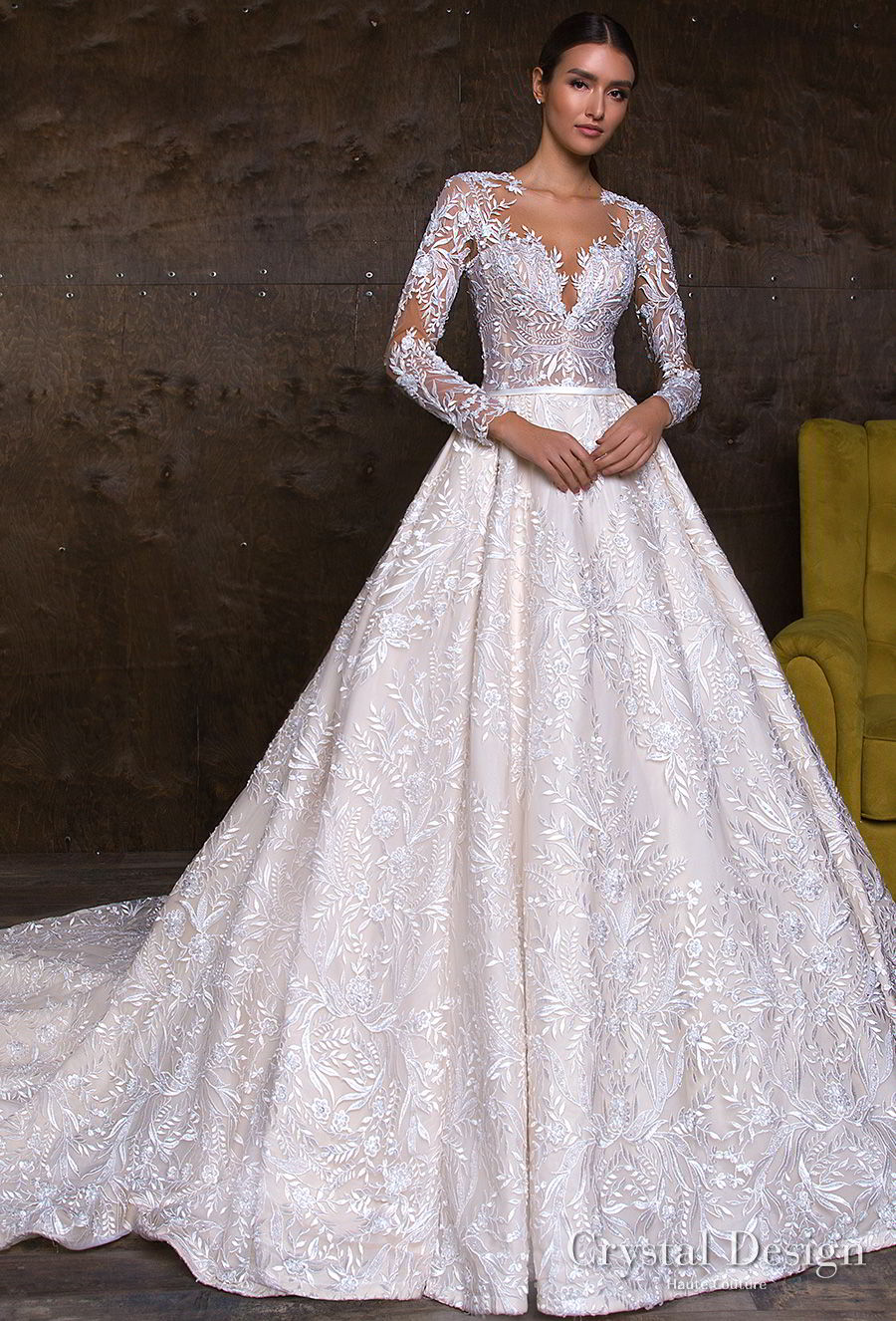 crystal design 2018 long sleeves sweetheart neckline full embellishment princess a  line wedding dress keyhole back royal train (versal) mv