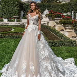 crystal design 2018 long sleeves v neck full embellishment princess a  line wedding dress sheer button back chapel train (britta) mv