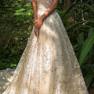 crystal design 2018 short handkerchief sleeves jewel neck full embellishment romantic bohemian a  line wedding dress sheer lace back chapel train (tammy) mv