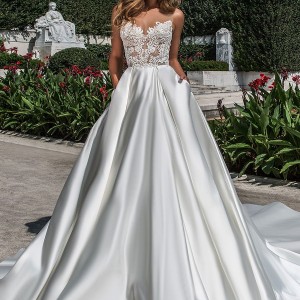 crystal design 2018 sleeveless illusion boat sweetheart neckline heavily embellished bodice satin romantic skirt a  line wedding dress with pockets open back chapel train (kinsley) mv