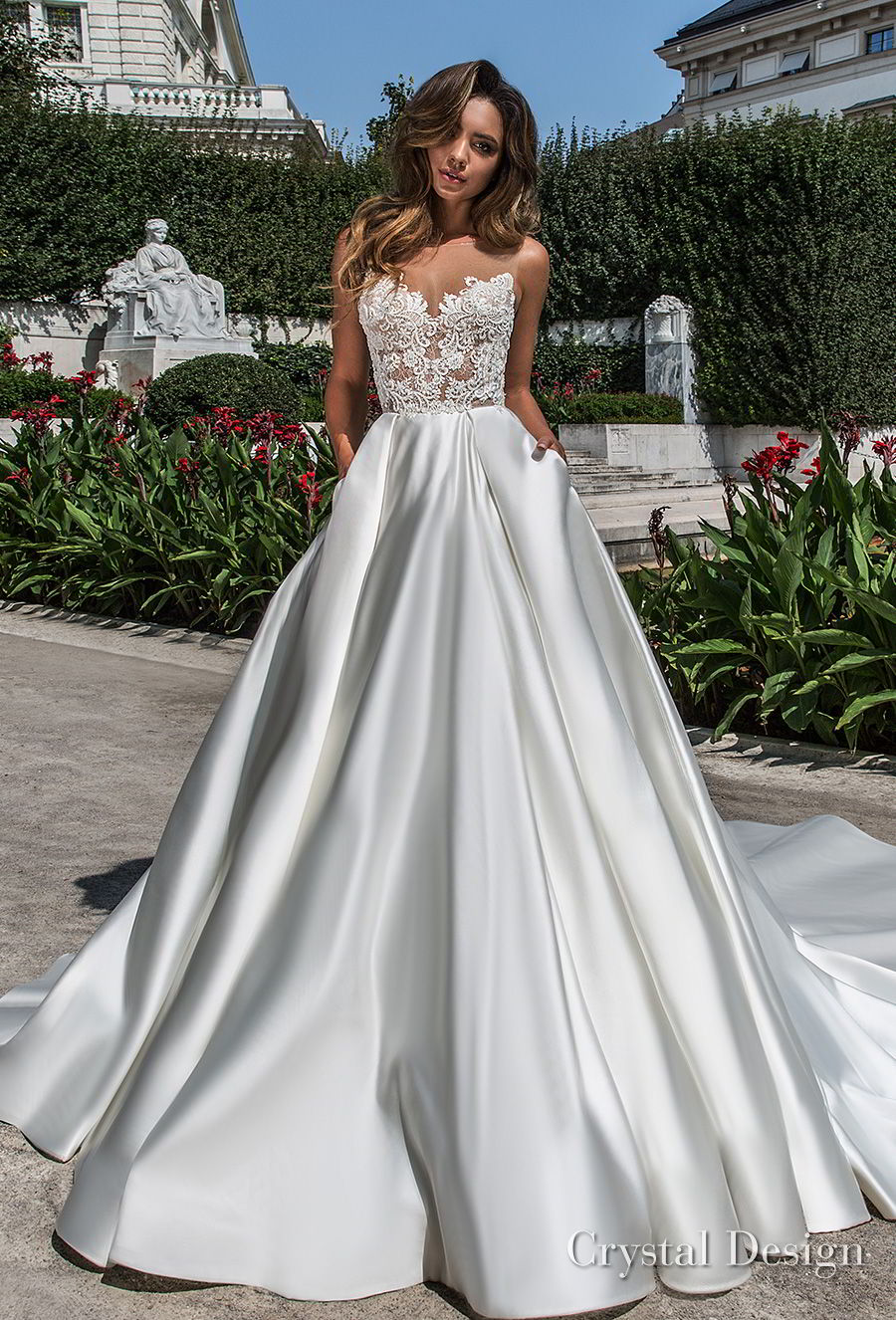 crystal design 2018 sleeveless illusion boat sweetheart neckline heavily embellished bodice satin romantic skirt a  line wedding dress with pockets open back chapel train (kinsley) mv