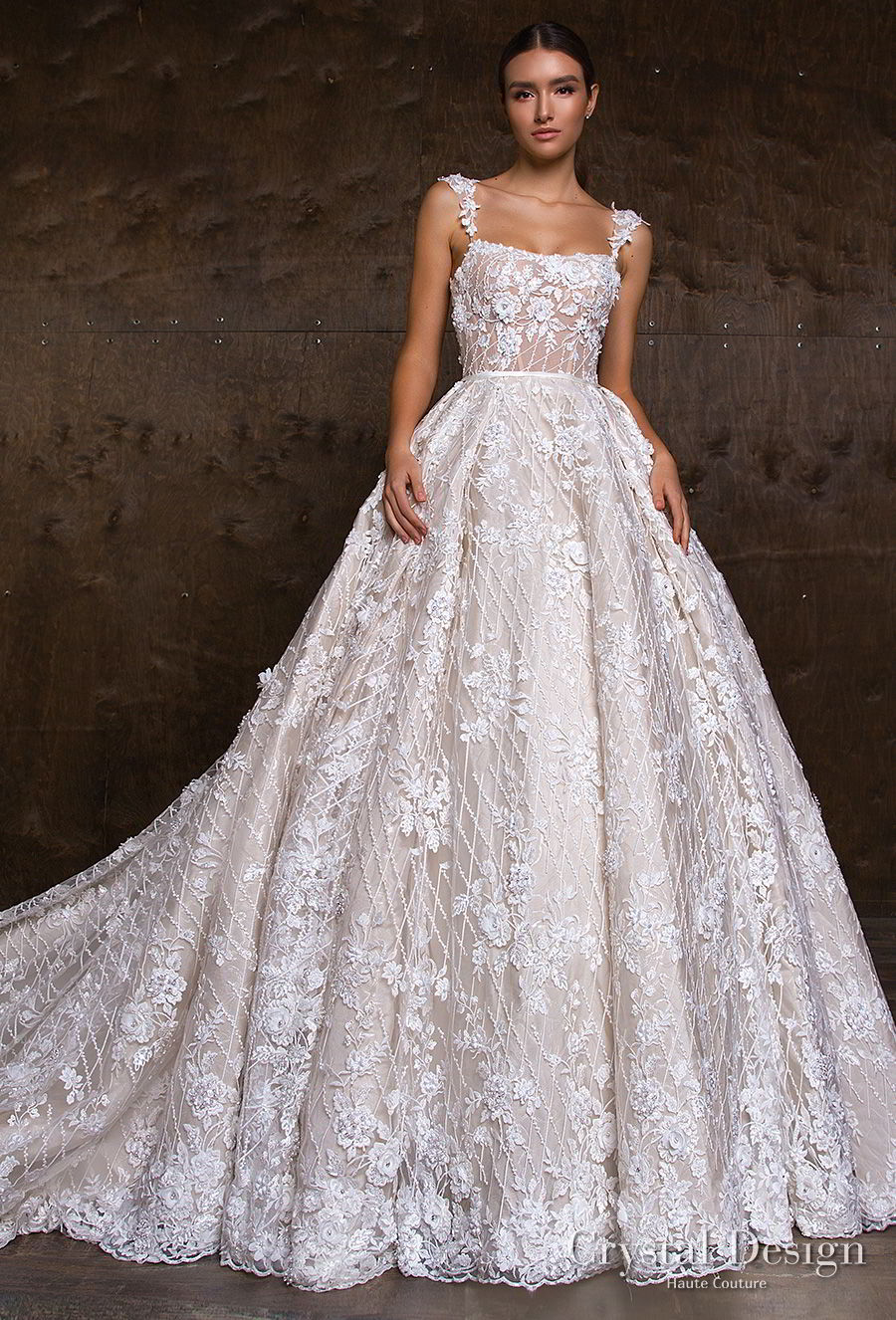 crystal design 2018 sleeveless lace strap straight across full embellishment ball gown wedding dress royal train (hloya) mv