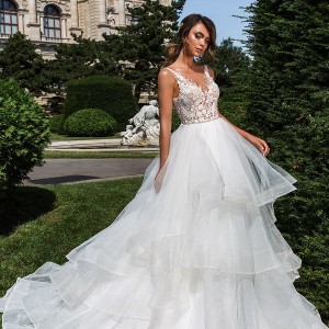 crystal design 2018 sleeveless v neck heavily embellished bodice tiered skirt romantic a  line wedding dress open v back chapel train (kornelia) mv