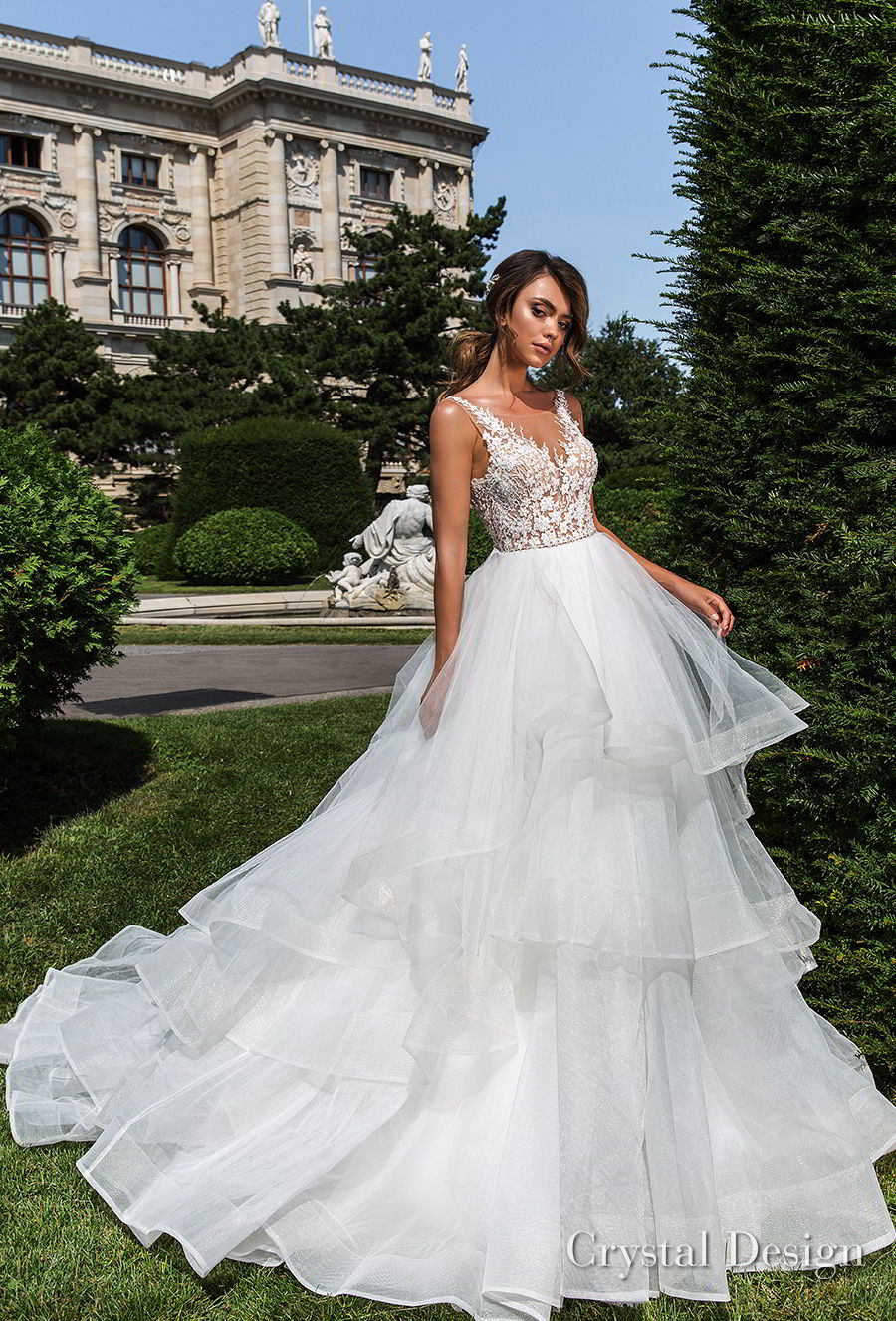 crystal design 2018 sleeveless v neck heavily embellished bodice tiered skirt romantic a  line wedding dress open v back chapel train (kornelia) mv