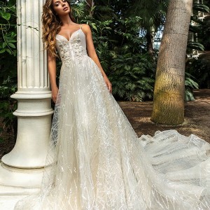 crystal design 2018 spaghetti strap sweetheart neckline full embellishment romantic a  line wedding dress chapel train (pandora) mv