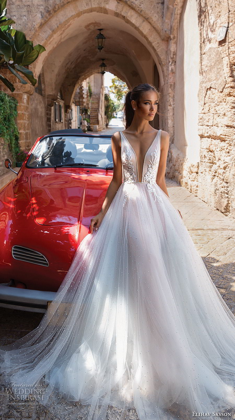 elihav sasson 2018 capsule bridal sleeveless deep plunging v neck heavily embellished bodice tulle skirt romantic soft a  line wedding dress chapel train (1) mv