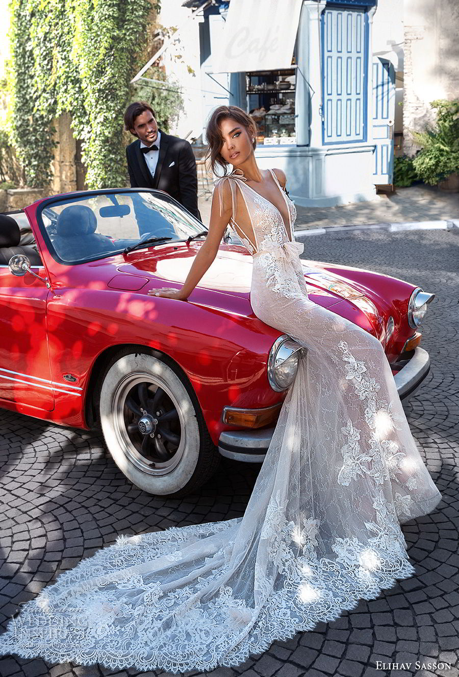 elihav sasson 2018 capsule bridal sleeveless deep v neck heavily embellished bodice side open sexy elegant sheath wedding dress open v back chapel train (4) mv 