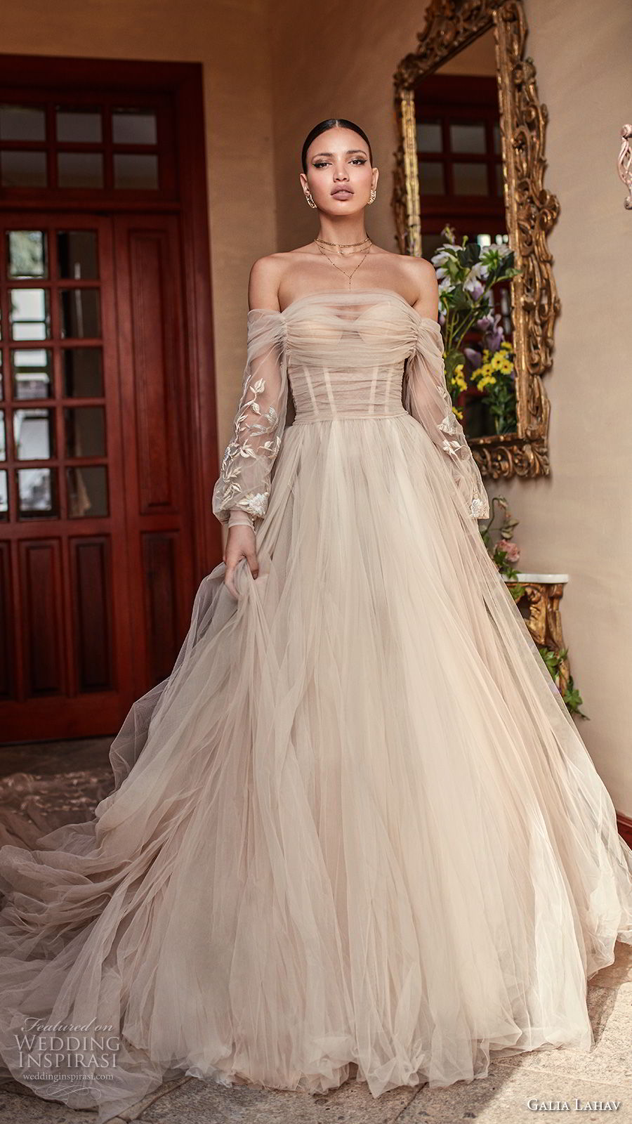 galia lahav couture fall 2018 bridal long bishop sleeves off the shoulder sweetheart neckline ruche bodice champagne romantic a line wedding dress royal train (14) mv galia lahav couture fall 2018 bridal long bishop sleeves off the shoulder sweetheart neckline ruche bodice champagne romantic a line wedding dress royal train (14) mv