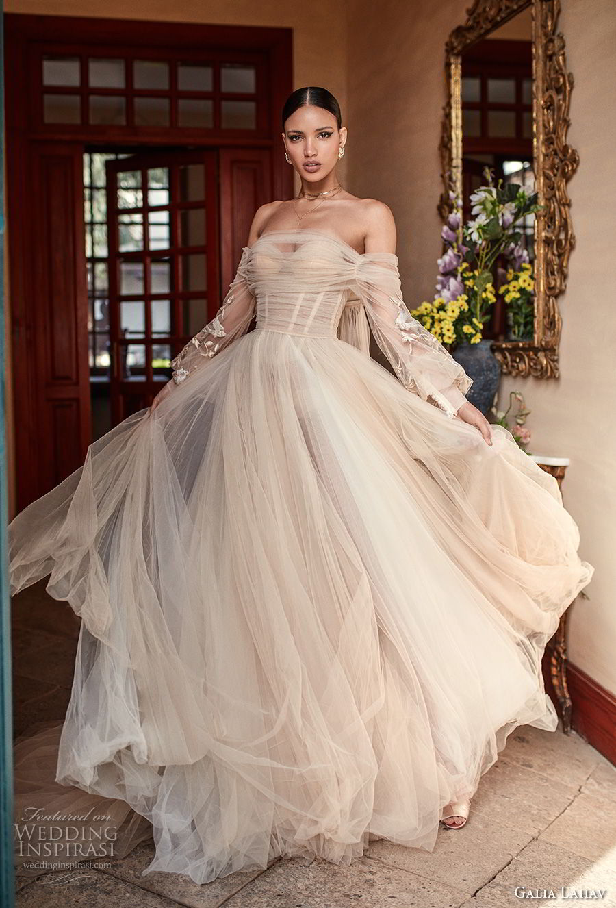 galia lahav couture fall 2018 bridal long bishop sleeves off the shoulder sweetheart neckline ruche bodice champagne romantic a line wedding dress royal train (14) mv galia lahav couture fall 2018 bridal long bishop sleeves off the shoulder sweetheart neckline ruche bodice champagne romantic a line wedding dress royal train (14) mv